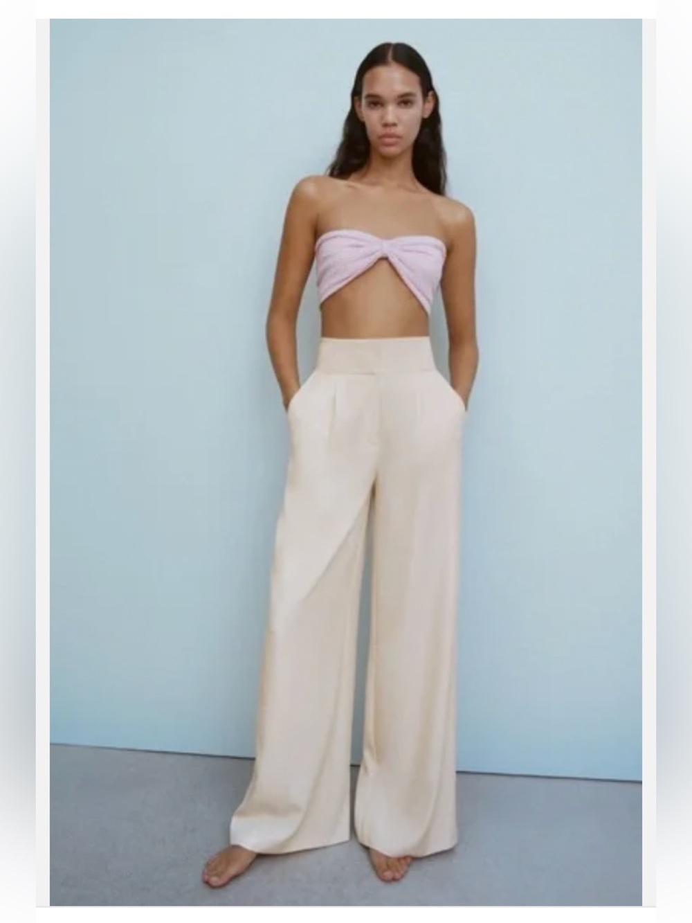 zara exru beige khaki pants palazzo High Waist rise Wide Leg Cream Trousers